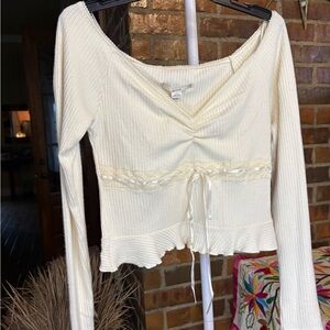 Kimchi Blue by Urban Outfitters Cream Ribbed Long-Sleeve Top with Lace Trim